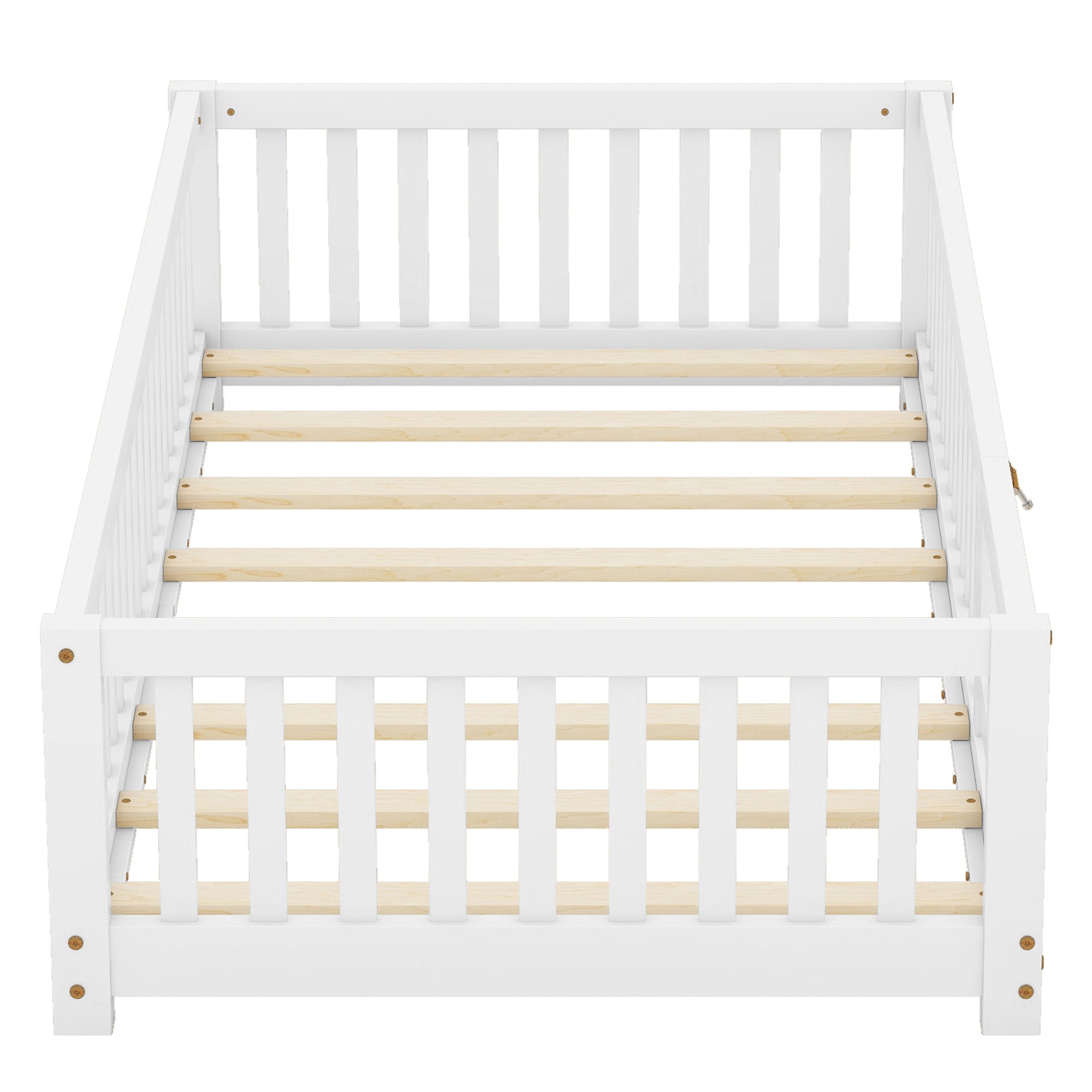 HAOYYE Twin Size Bed Floor Bed with Safety Guardrails and Door for , White(Old SKU:W158090683) Sturdy Space-Saving Heavy Duty Modern Design Adults Dorm Room Easy Assembly Bedroom Furniture
