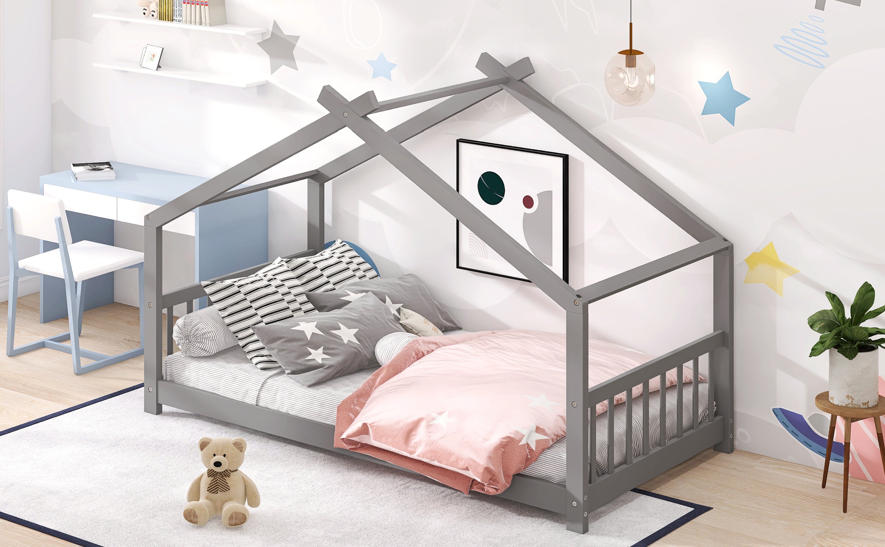 HAOYYE Twin Size House Bed Wood Bed, Gray Sturdy Space-Saving Heavy Duty Modern Design Adults Dorm Room Easy Assembly Bedroom Furniture