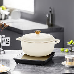 HAOYYE Cast Iron 7.5QT Cooking Pot Ceramic white Color with Enamel Coating Includes Two Silicone Gloves Heavy Duty Durable Multi-Purpose Dutch Oven for Stovetop Oven and Outdoor Cooking Perfect for Stews Soups and Casseroles