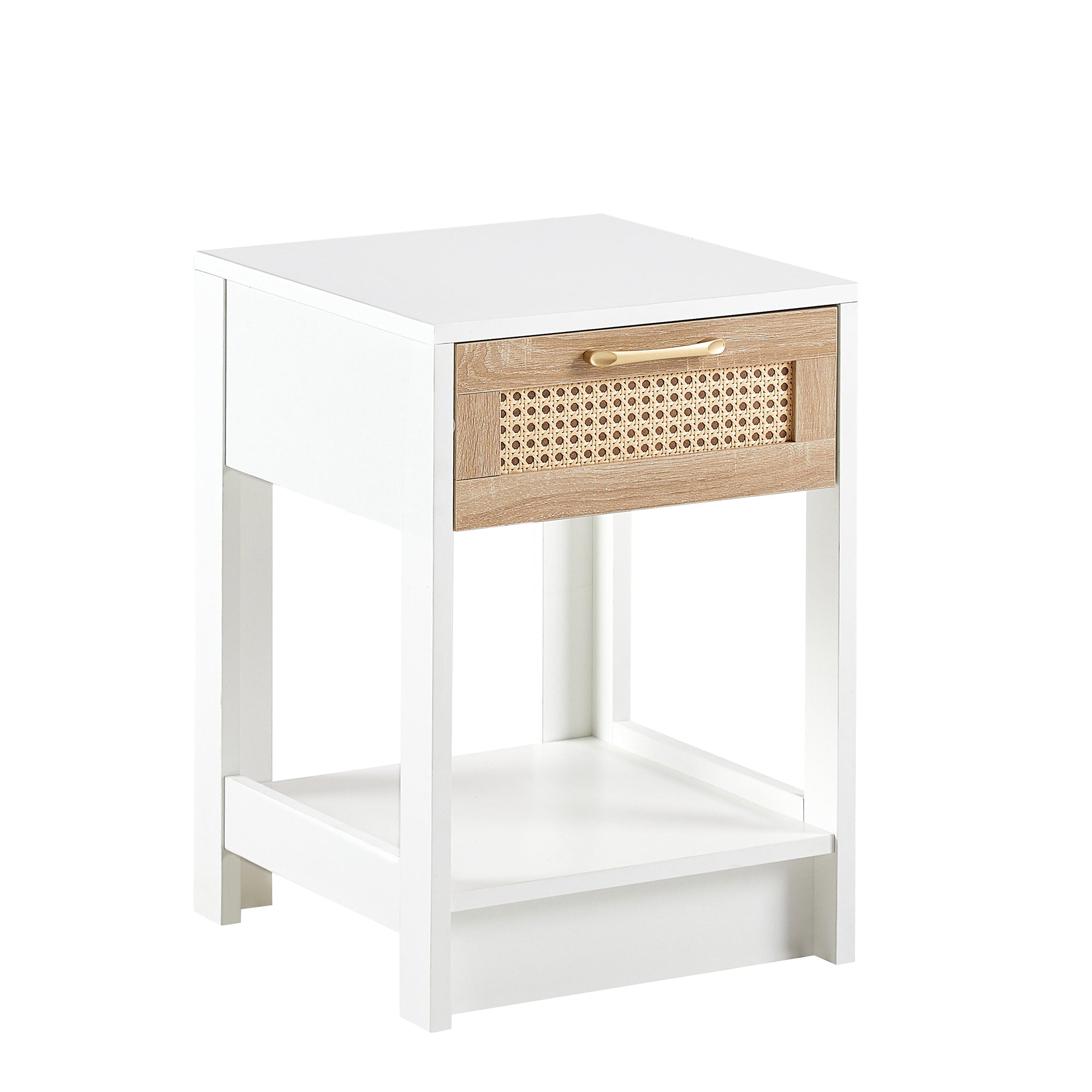 HAOYYE Rattan Side Table with Drawer, Modern White End Table, Sturdy Space-Saving Design, Heavy Duty Construction, Easy Assembly, Stylish and Durable Home Furniture for Living Room or Bedroom