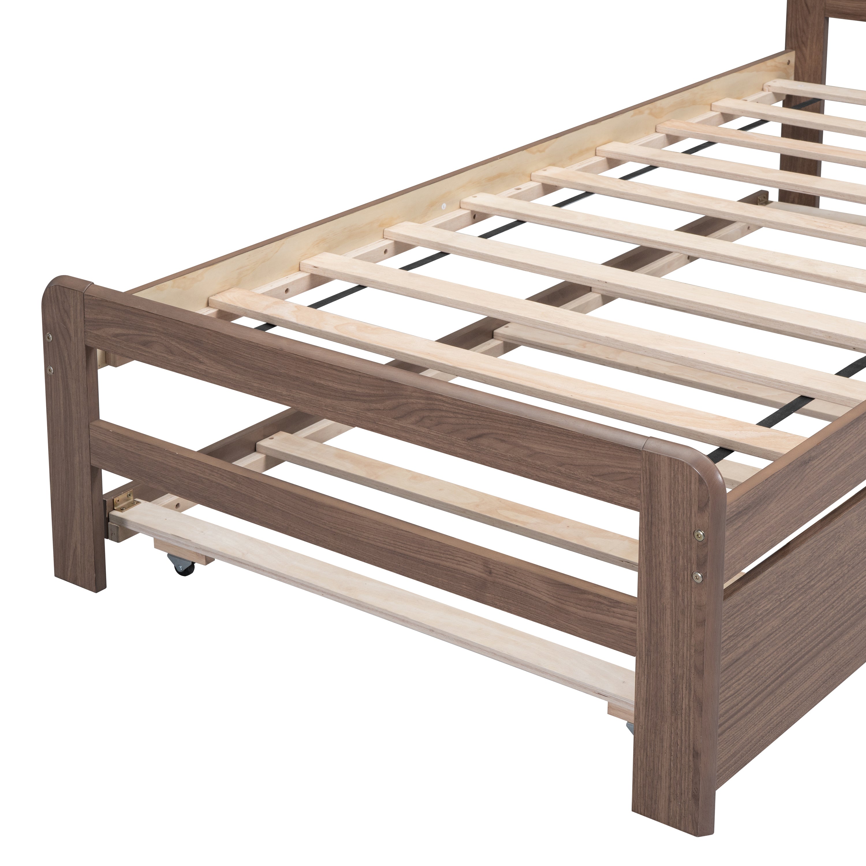 HAOYYE Modern Design Wooden Twin Size Platform Bed Frame with Trundle for Walnut Color Sturdy Space-Saving Heavy Duty Adults Dorm Room Easy Assembly Bedroom Furniture