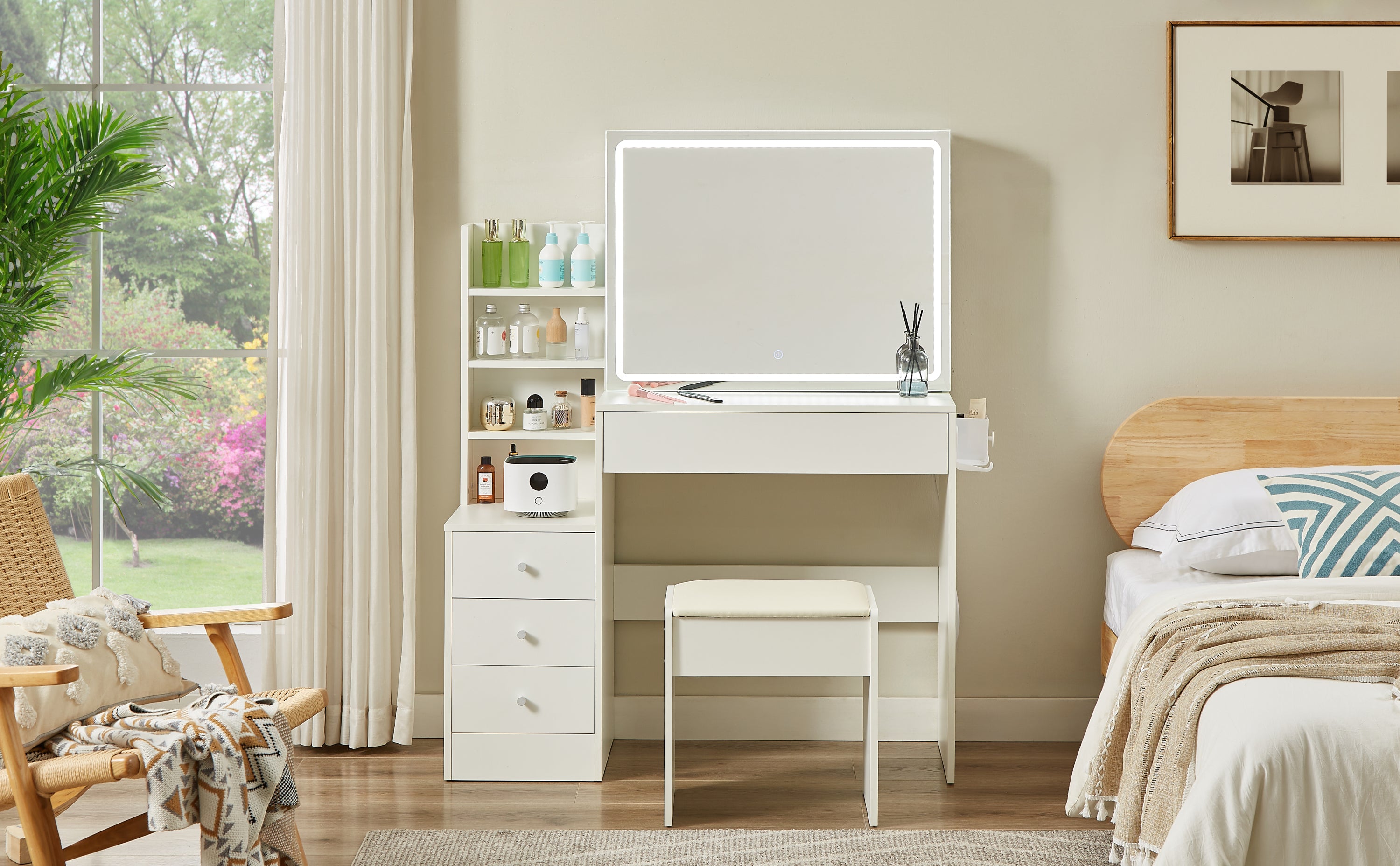 HAOYYE Vanity table with LED-lit mirror with power outlet and hairdryer shelving, with 4 drawers and upholstered stool, brightness adjustable in 3 lighting modes, storage table, White,