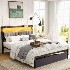 HAOYYE Queen Bed Frame with Storage Headboard and Drawers, LED Upholstered Platform Bed Frame with Built-in Charging Station, No Box Spring Needed, Easy Assembly, Sturdy and Space-Saving Design in Grey for Adults