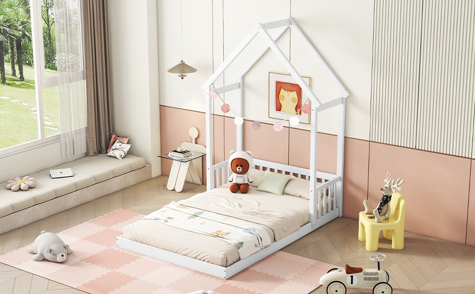 HAOYYE Full Roof-framed Headboard Floor Bed with Headboard Guardrails, without Slats White Sturdy Space-Saving Heavy Duty Modern Design Adults Dorm Room Easy Assembly Bedroom Furniture