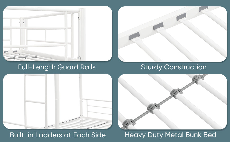 HAOYYE Twin Over Twin Metal Bunk Bed,Metal Structure Bedframe with Safety Guardrails and 2 ladders,Convertible Bunkbeds,No Spring Box Required and Space Saving Design,White Sturdy Space-Saving Heavy Duty