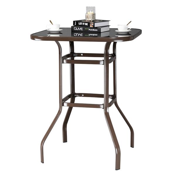HAOYYE Wrought Iron Glass High Bar Table, Modern Patio Bar Table with Matte Brown Frame and Tempered Glass, Stylish and Durable, Perfect for Outdoor or Indoor Dining, Bars, and Restaurants