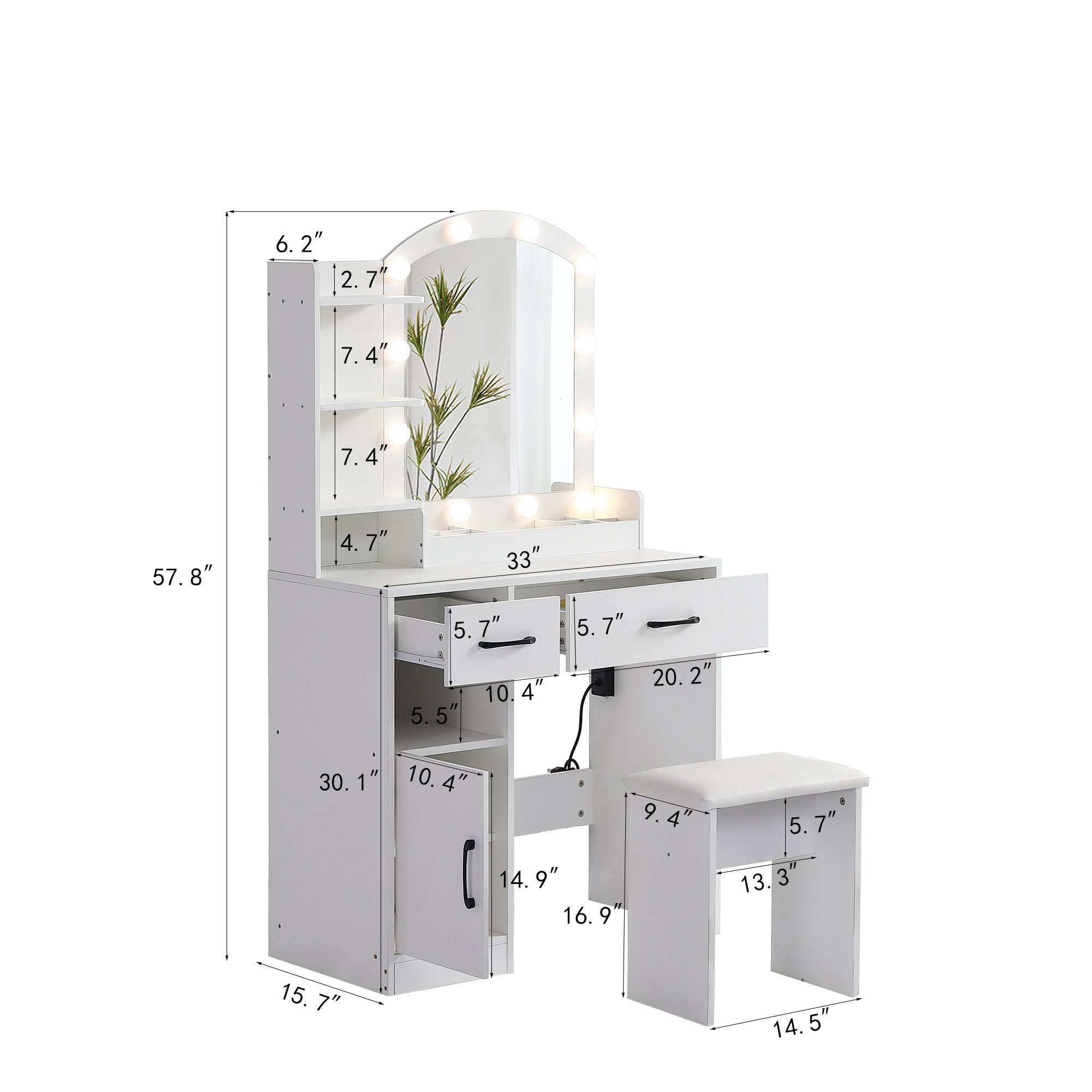HAOYYE Vanity Desk Set with Lighted Mirror, 3-Color Adjustable Brightness, White Dressing Table with 2 Drawers, Storage Cabinet, and Upholstered Stool, Sturdy Space-Saving Design