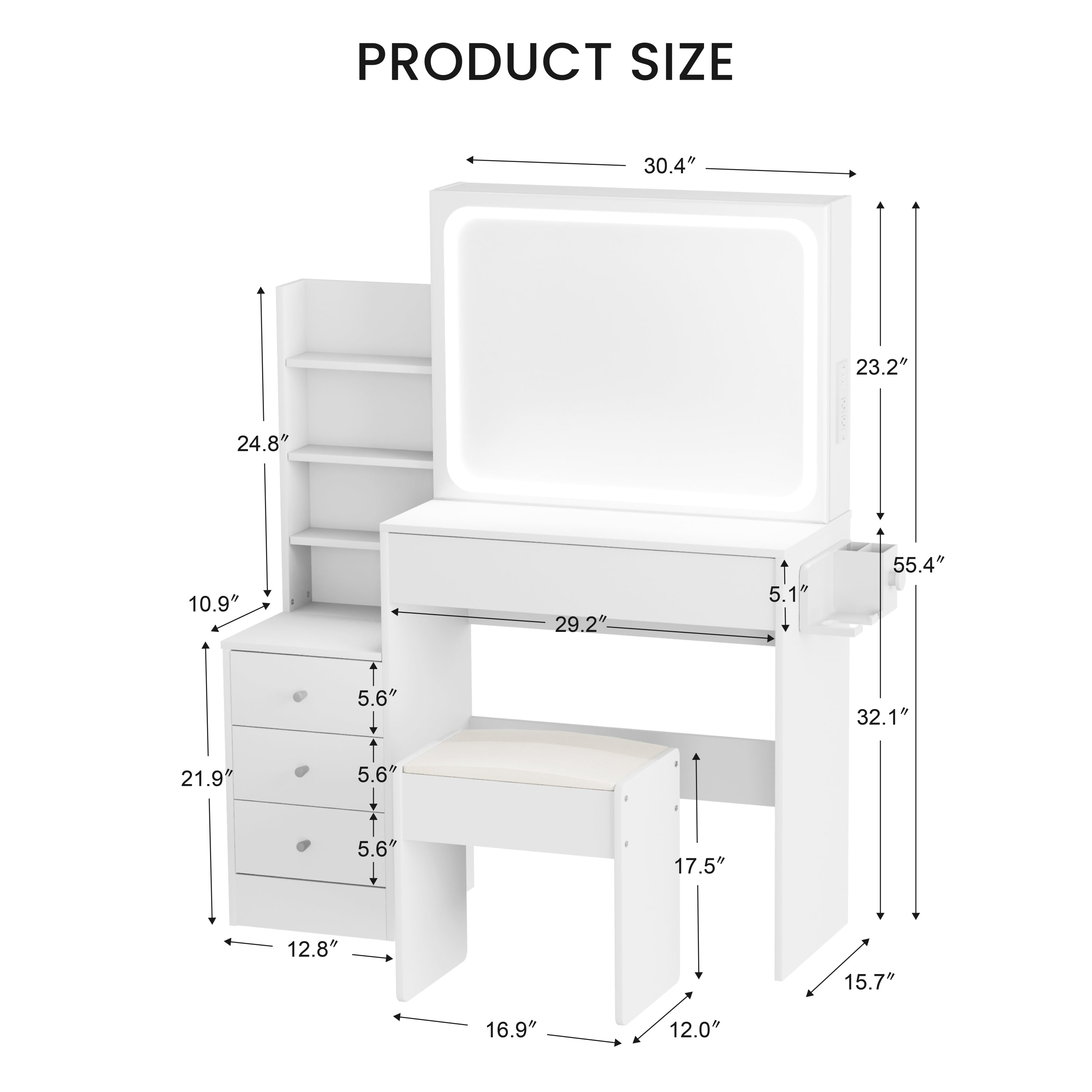 HAOYYE Vanity table with LED-lit mirror with power outlet and hairdryer shelving, with 4 drawers and upholstered stool, brightness adjustable in 3 lighting modes, storage table, White,
