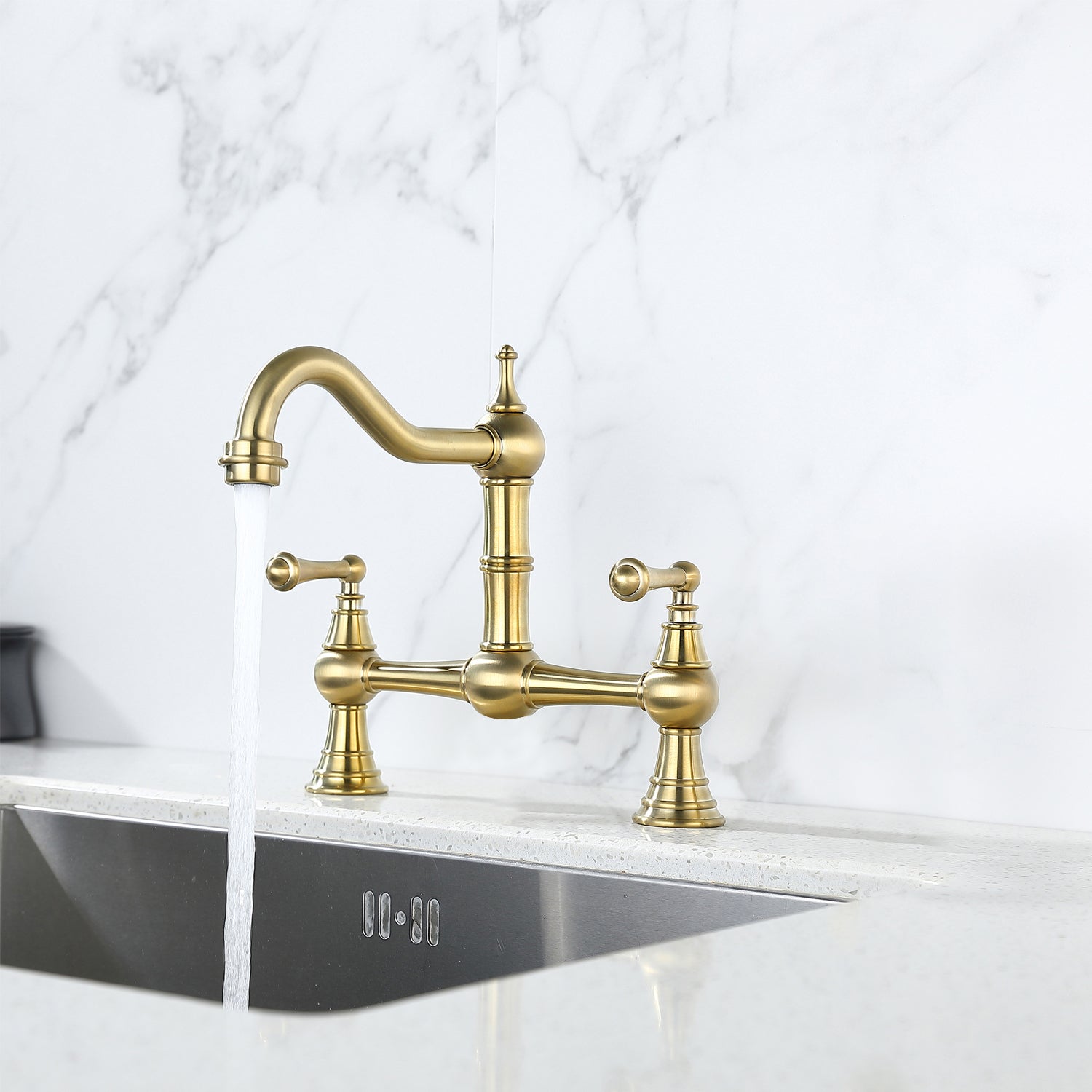 HAOYYE Double Handle Widespread Kitchen Faucet with Traditional Handles Sturdy Space-Saving Heavy Duty Modern Design Adults Dorm Room Easy Assembly Bedroom Furniture