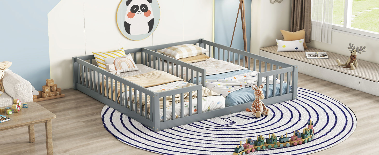 HAOYYE Double Twin Floor Bed with Fence, Guardrails, without door, Grey Sturdy Space-Saving Heavy Duty Modern Design Easy Assembly Durable Stylish Home Furniture Versatile