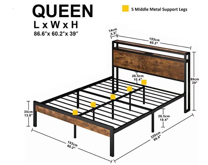 HAOYYE Queen Size Metal Platform Bed Frame with Wooden Headboard and Footboard with USB LINER, No Box Spring Needed, Large Under Bed Storage, Easy Assemble Sturdy Space-Saving Heavy Duty Modern Design