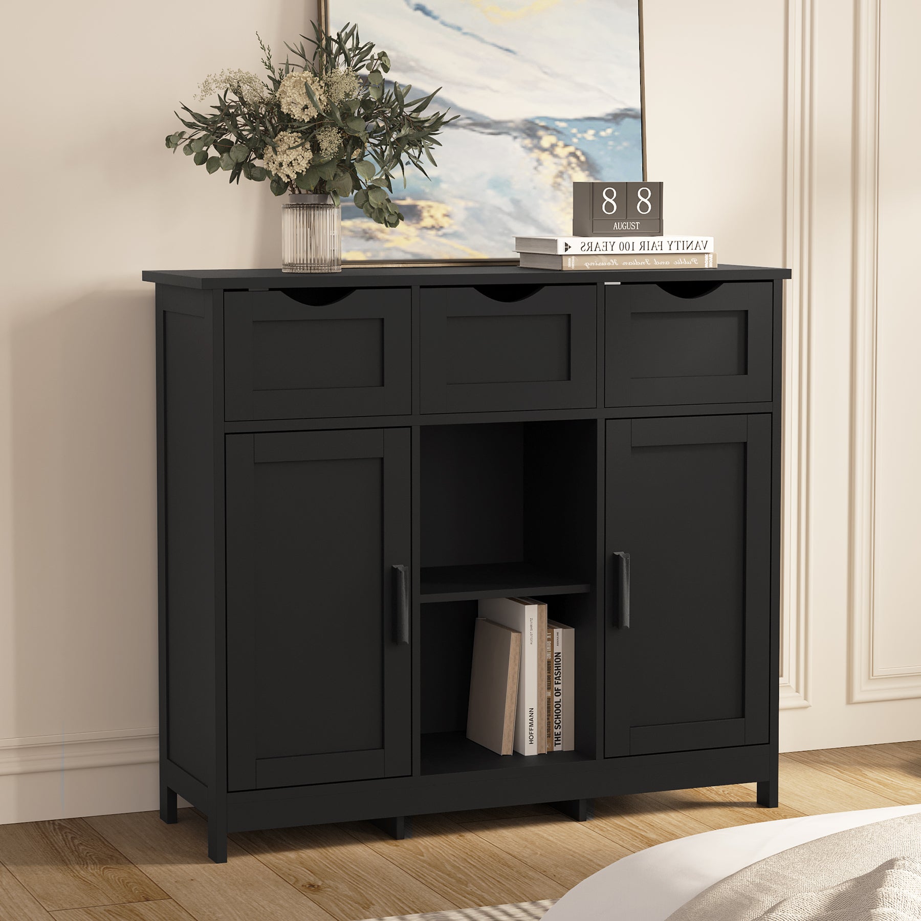 HAOYYE Storage Cabinet With Drawers And Shelves, Black Wooden Floor Cabinet, Accent Cabinet For Living Room, Bedroom, Or Bathroom, Sturdy Modern Space-Saving Heavy Duty Design