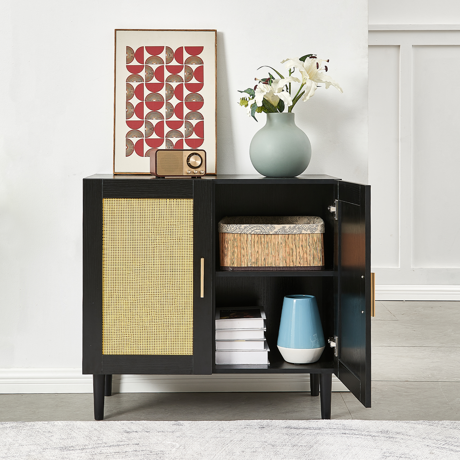 HAOYYE Side panel buffet cabinet with natural rattan door, rattan storage cabinet with adjustable shelves, side panel and buffet with storage space, modern console cabinet in bedroom and living room Sturdy