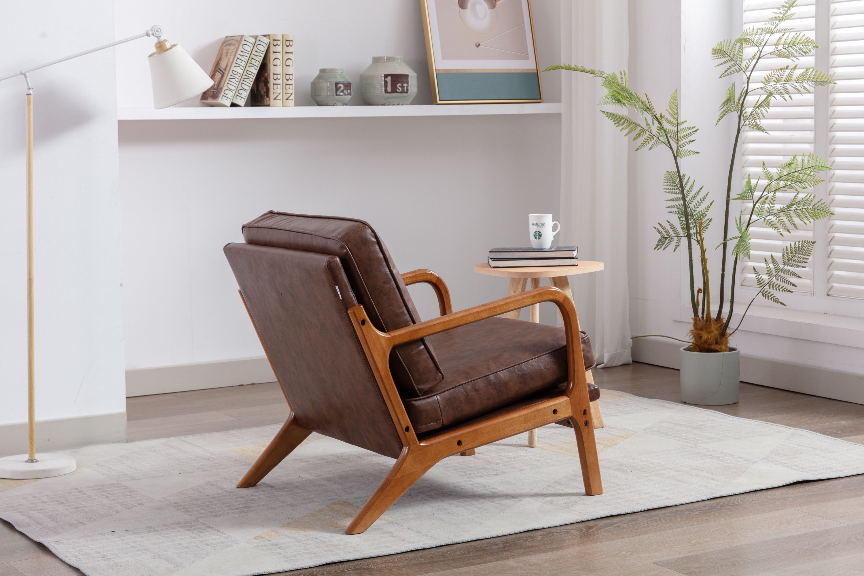 HAOYYE Mid Century Modern Accent Chair, Comfy Fabric Living Room Chairs with Solid Wood Frame, Lounge Reading Armchair, Easy Assembly (Brown PU) Sturdy Space-Saving Heavy Duty Modern Design