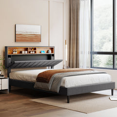 HAOYYE Queen Size Upholstered Platform Bed with Storage Headboard and USB Port, Linen Fabric Upholstered Bed (Gray) Sturdy Space-Saving Heavy Duty Modern Design Adults Dorm Room Easy Assembly