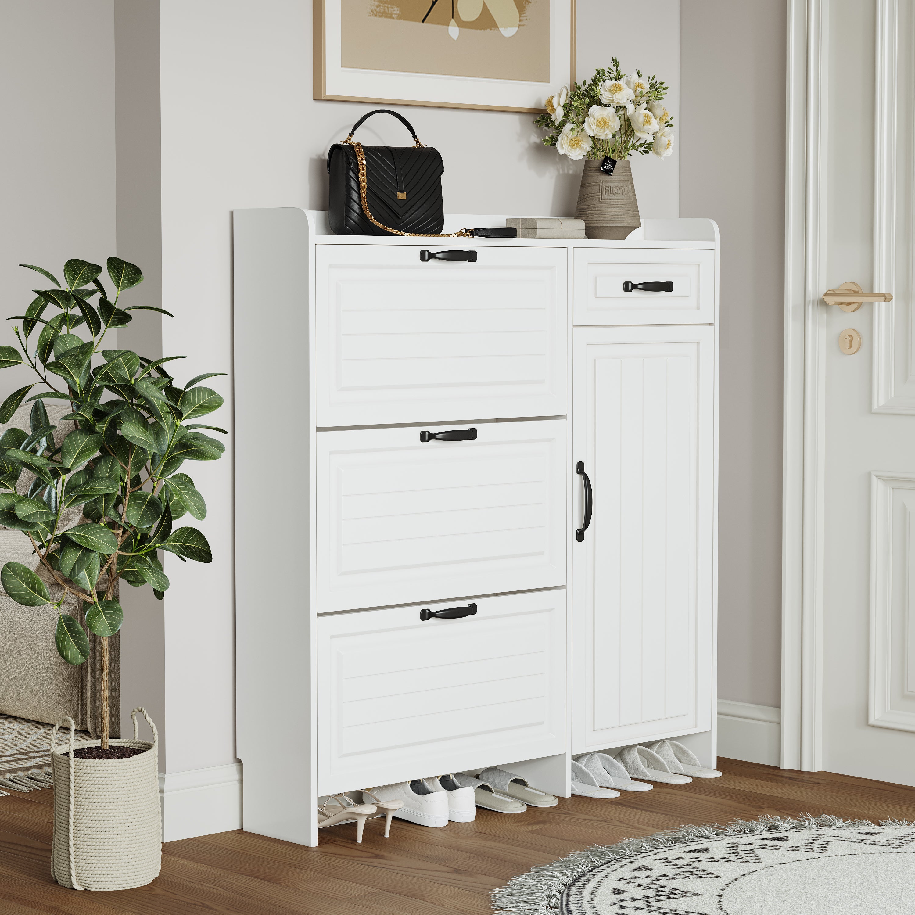 HAOYYE White Shoe Cabinet With 4 Doors And 1 Drawer, Large Storage Capacity, Modern Sturdy Space-Saving Design For Bedrooms And Dorm Rooms, Heavy Duty Construction, Easy To Assemble