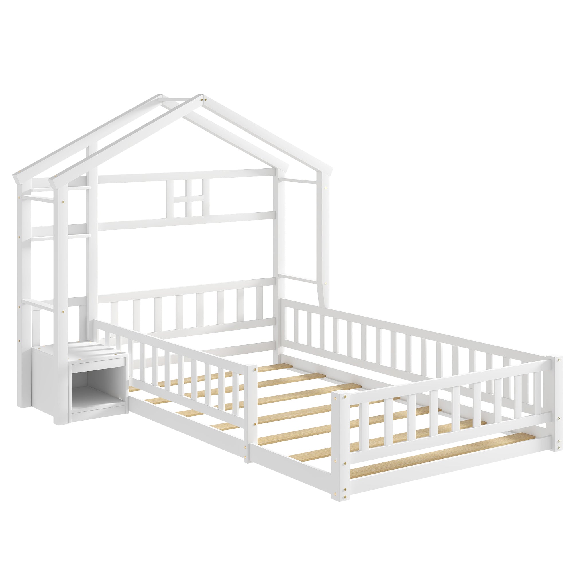 HAOYYE Twin Size House Shape Headboard Floor Bed with Guardrails, Slats Support, Nightstand ,White Sturdy Space-Saving Heavy Duty Modern Design Adults Dorm Room Easy Assembly Bedroom Furniture