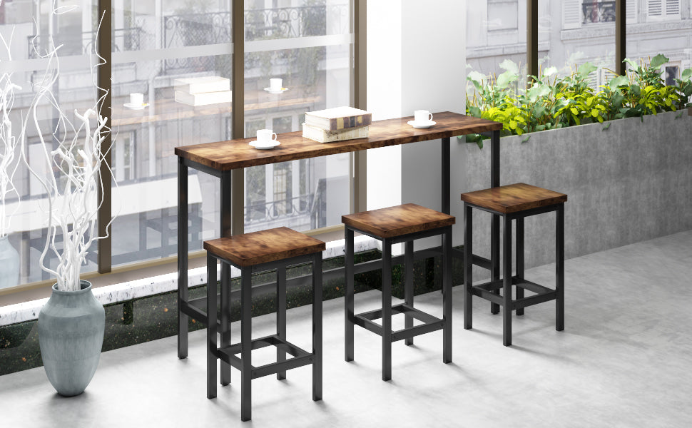 HAOYYE Counter Height Extra Long Dining Table Set with 3 Stools Pub Kitchen Set Side Table with Footrest,Brown Sturdy Space-Saving Heavy Duty Modern Design Adults Dorm Room Easy Assembly