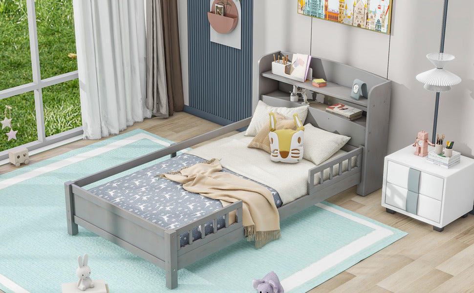 HAOYYE Wood Twin Size Platform Bed with Built-in LED Light, Storage Headboard and Guardrail, Antique Grey Sturdy Space-Saving Heavy Duty Modern Design Adults Dorm Room Easy Assembly Bedroom Furniture