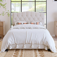 HAOYYE Upholstered Platform Bed with Saddle Curved Headboard and Diamond Tufted Details, Full, Beige Sturdy Space-Saving Heavy Duty Modern Design Adults Dorm Room Easy Assembly Bedroom Furniture