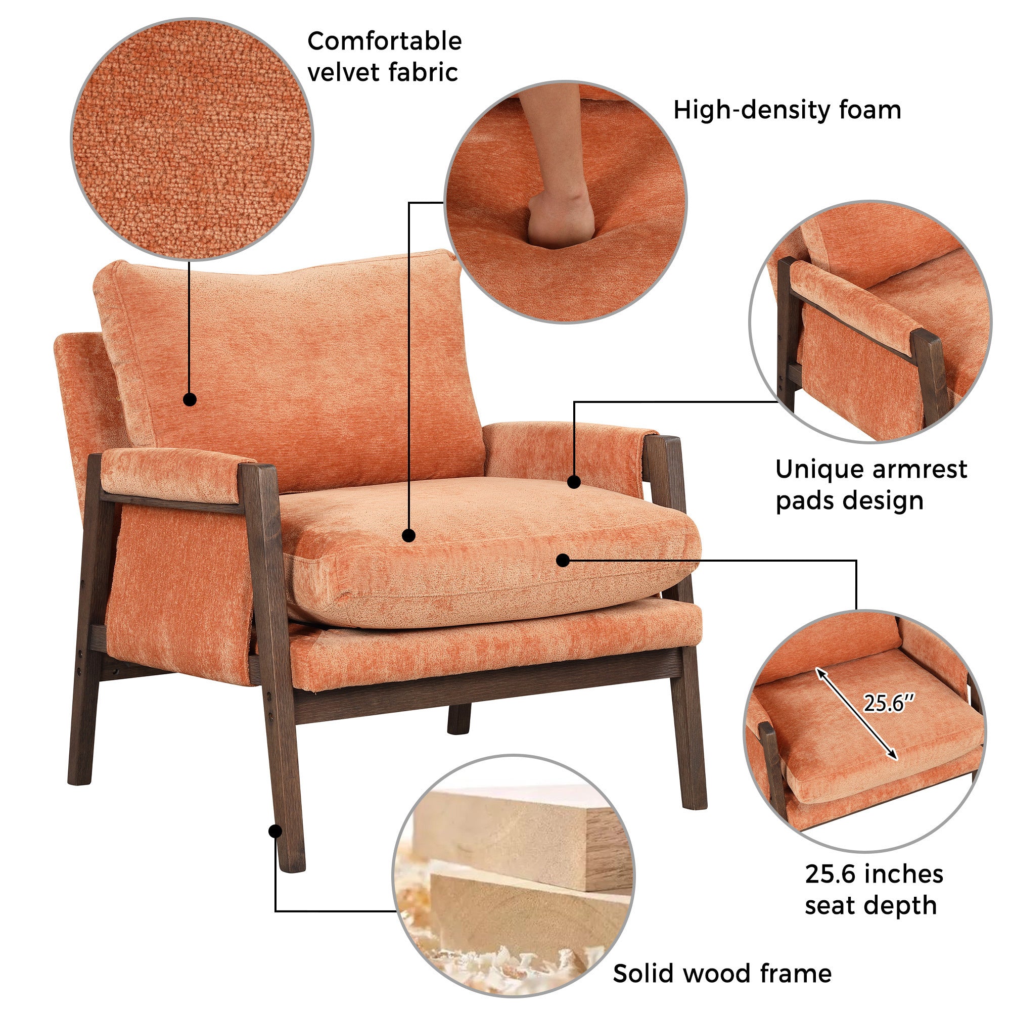 HAOYYE Mid-Century Modern Velvet Accent Chair,Leisure Chair with Solid Wood and Thick Seat Cushion for Living Room,Bedroom,Studio,Orange Sturdy Space-Saving Heavy Duty Modern Design Adults Dorm Room
