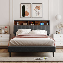 HAOYYE Full size Upholstered Platform Bed with Storage Headboard and USB Port, Linen Fabric Upholstered Bed (Gray) Sturdy Space-Saving Heavy Duty Modern Design Easy Assembly Durable Stylish Home Furniture