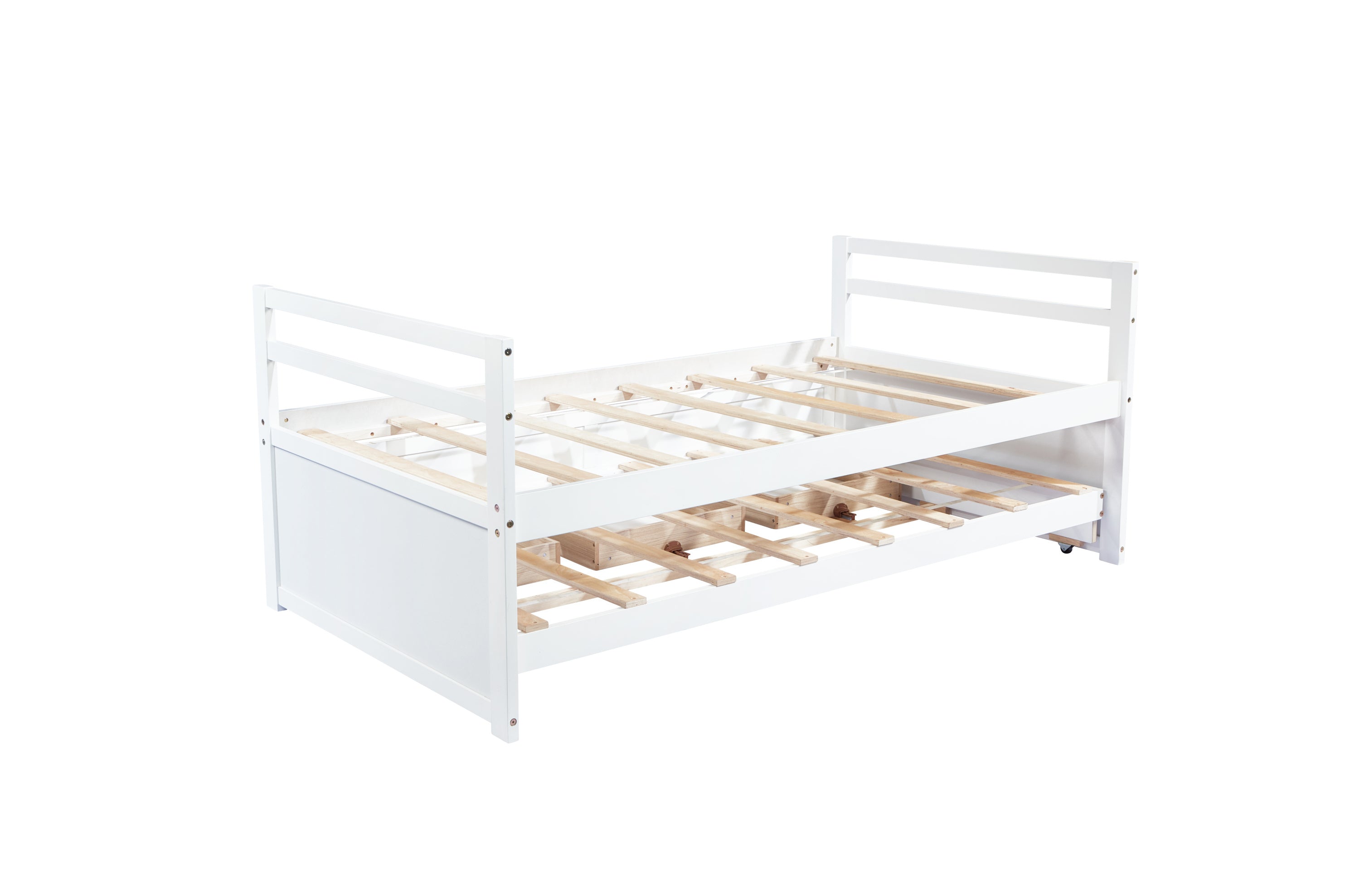 HAOYYE Twin Bed with Headboard, Footboard, Trundle and Storage Drawers, Pine Wood Twin Size Bed, White, Sturdy Space-Saving Heavy Duty Construction, Ideal for Adults and Dorm Rooms