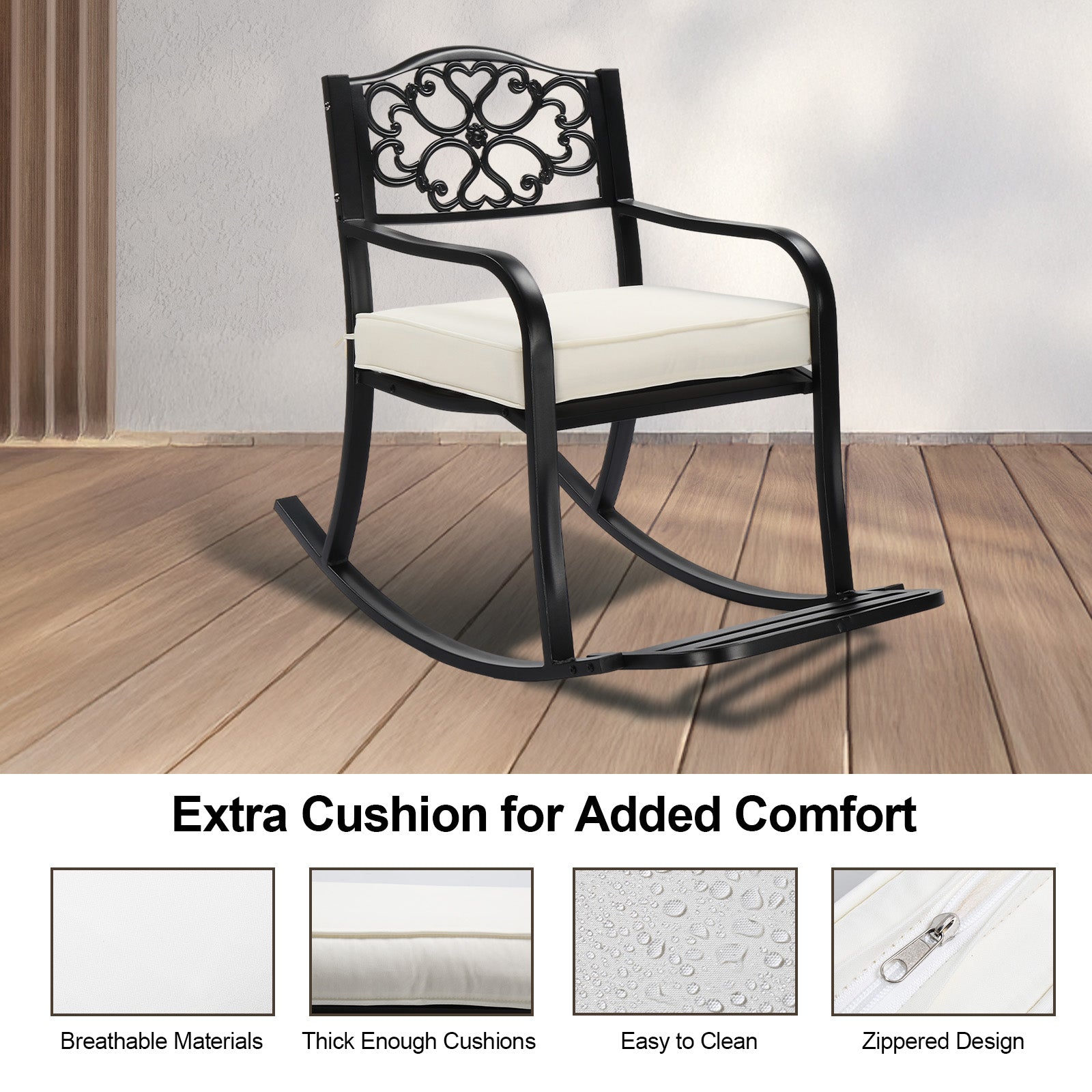 HAOYYE Metal Rocking Chair with Cushion and Footrest, Outdoor Patio Rocker Bench with Weatherproof Cast Iron Frame, Elegant Floral Backrest Rocking Seat for Garden, Porch, Deck, or Lawn Relaxation