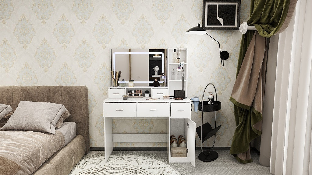 HAOYYE Smart Mirror Dressing Table with Drawers and Storage Cabinet, Modern Design Dressing Table with Soft Dressing Pad for Bedroom and Dressing Room, Sturdy Space-Saving Heavy Duty Construction, Ideal for Adults