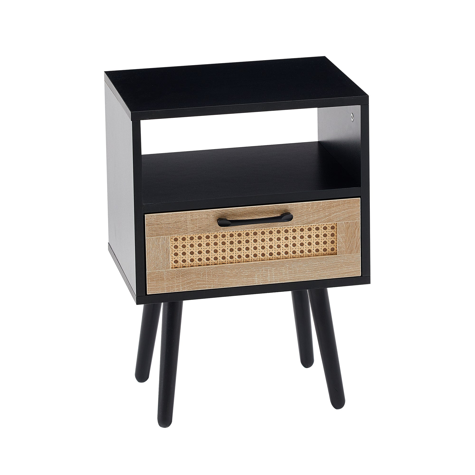 HAOYYE Rattan End Table with Drawer and Solid Wood Legs, Modern Nightstand, Side Table for Living Room, Bedroom, Black, Sturdy and Space-Saving Design, Heavy Duty Construction, Easy Assembly for Adults and Dorm Rooms