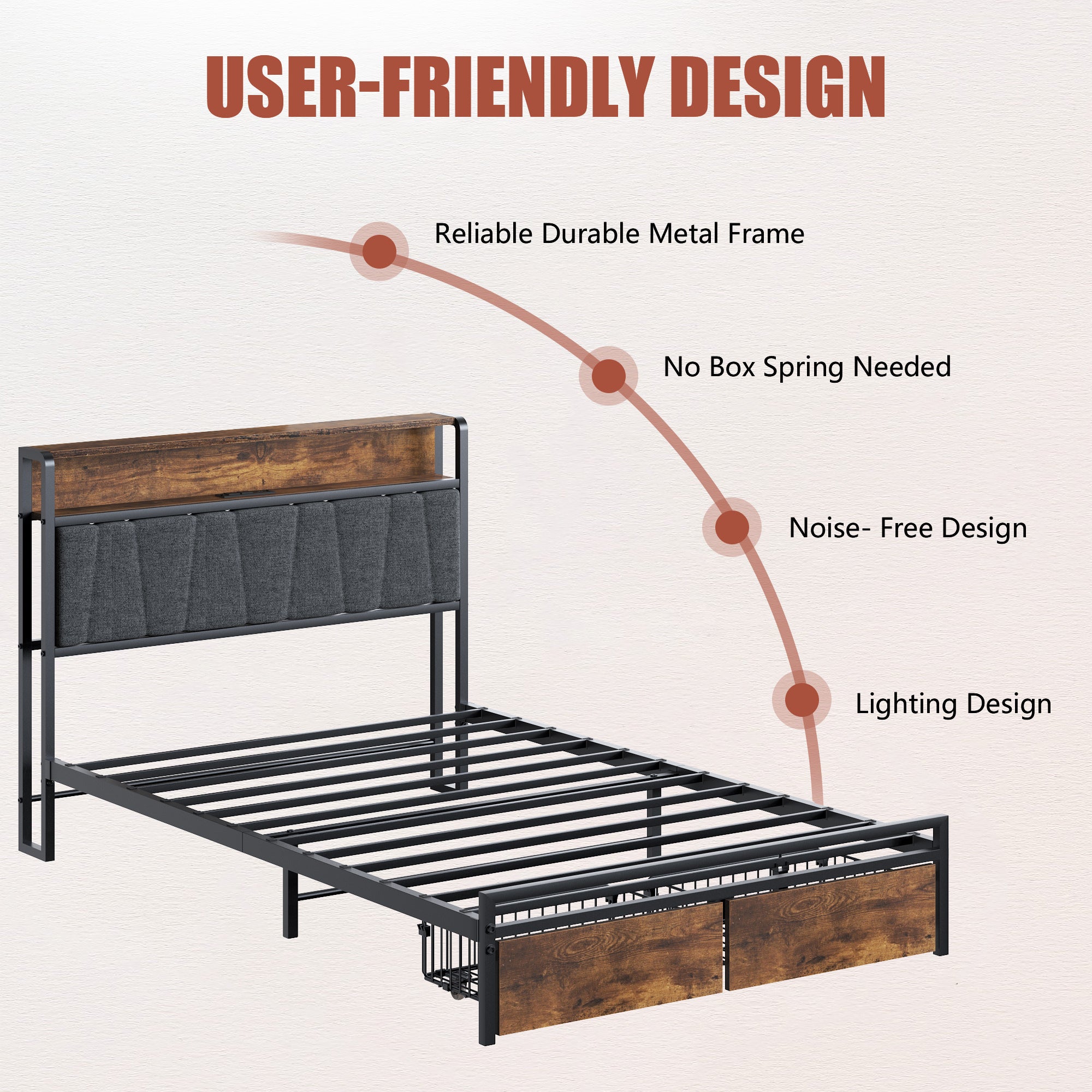 HAOYYE Twin Size Upholstered Platform Bed Frame with Storage Drawers, USB Ports, LED Lights, and Wingback Headboard, Rustic Brown, Sturdy Space-Saving Design, Heavy Duty Construction, Modern Stylish Home Furniture