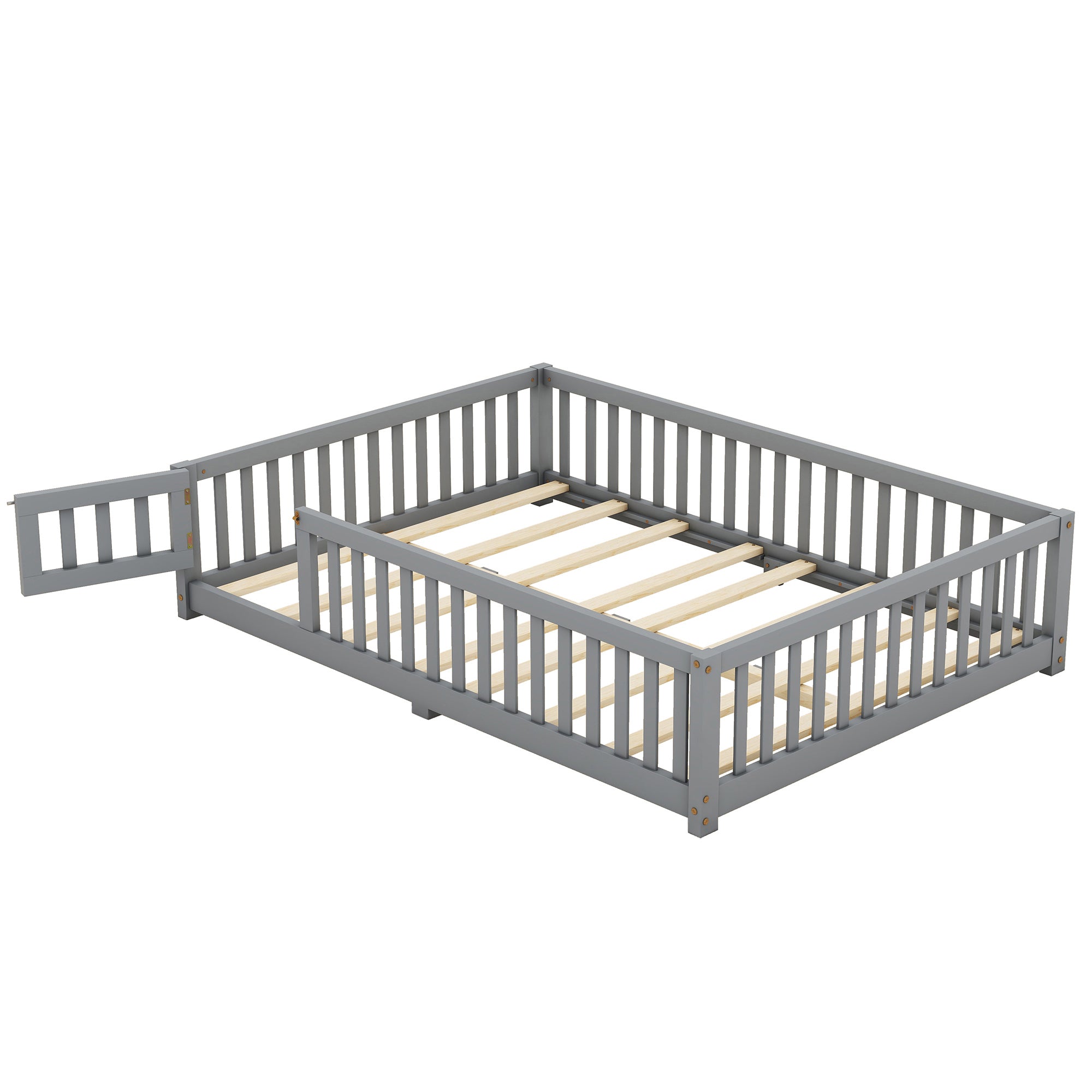 HAOYYE Full Size Bed Floor Bed with Safety Guardrails and Door for , Gray(Old SKU: W158090691) Sturdy Space-Saving Heavy Duty Modern Design Adults Dorm Room Easy Assembly Bedroom Furniture