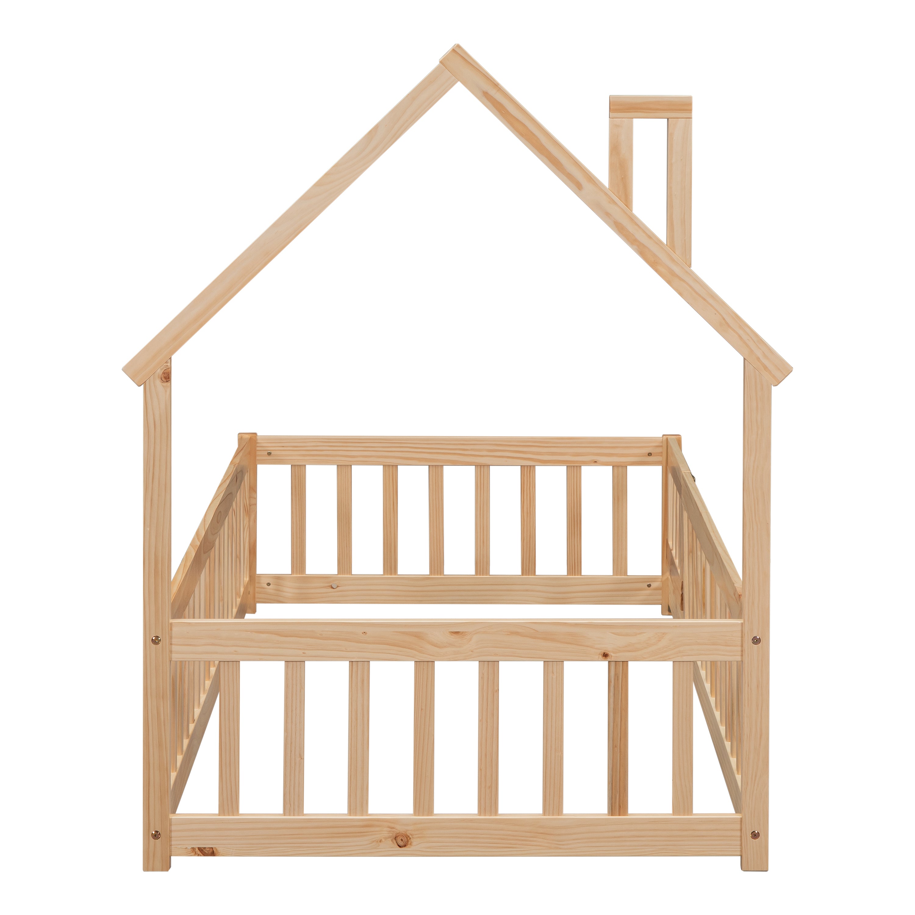 HAOYYE Twin House-Shaped Headboard Floor Bed with Fence ,Natural Sturdy Space-Saving Heavy Duty Modern Design Adults Dorm Room Easy Assembly Bedroom Furniture