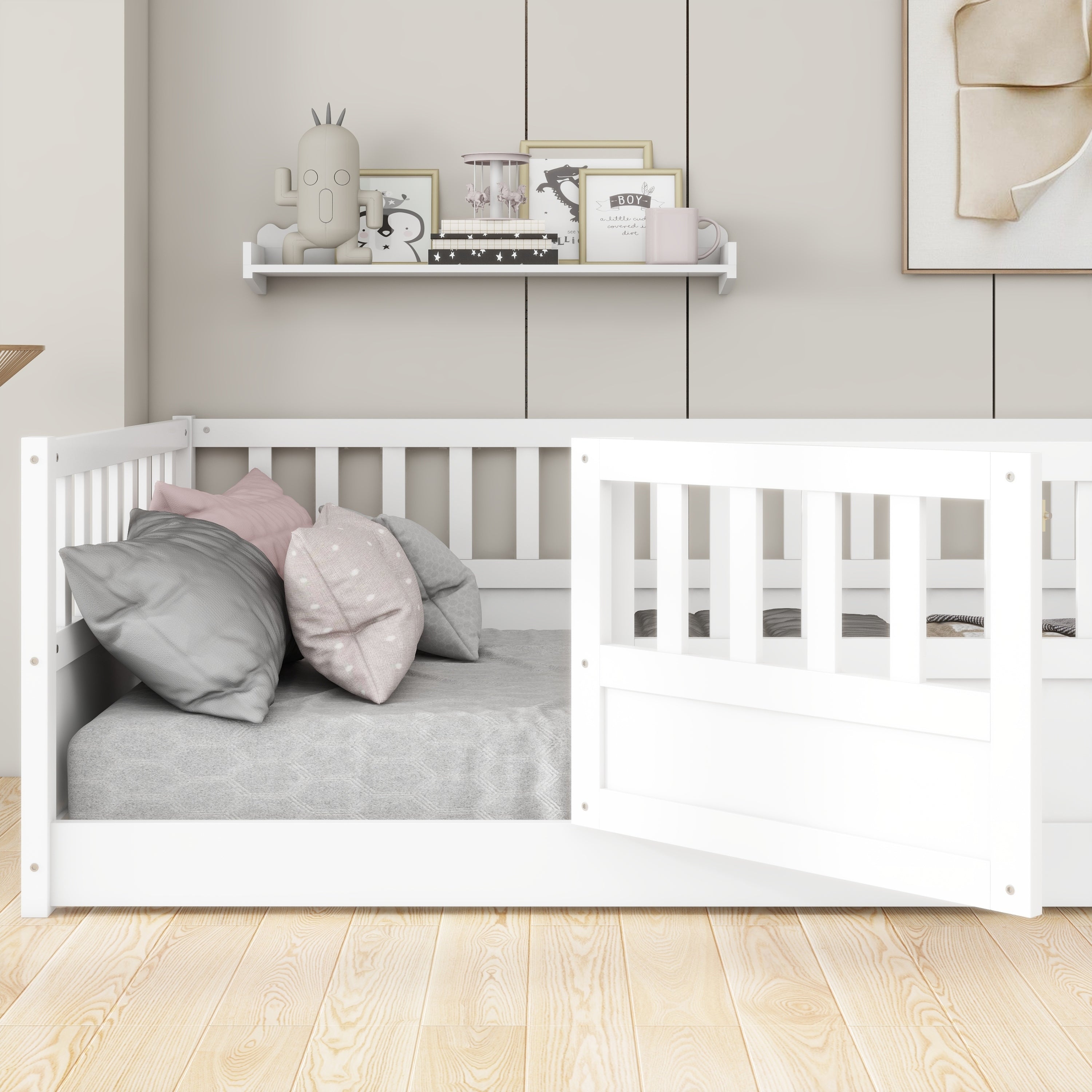 HAOYYE Twin Size Floor bed, integral construction with super high security barrier, door, 's floor bed frame, Montessori wooden 's floor bed, white Sturdy Space-Saving Heavy Duty Adults