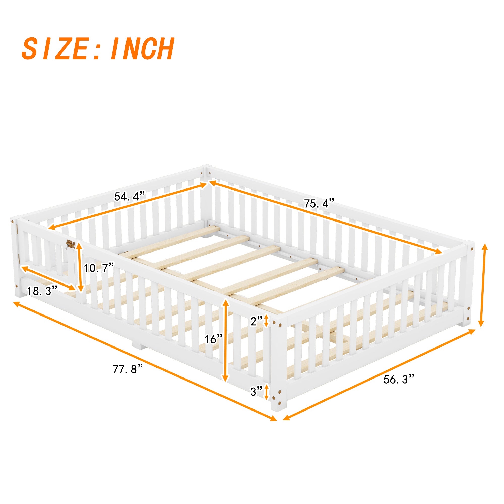 HAOYYE Full Size Bed Floor Bed with Safety Guardrails and Door for , White(Old SKU: W158090689) Sturdy Space-Saving Heavy Duty Modern Design Adults Dorm Room Easy Assembly Bedroom Furniture