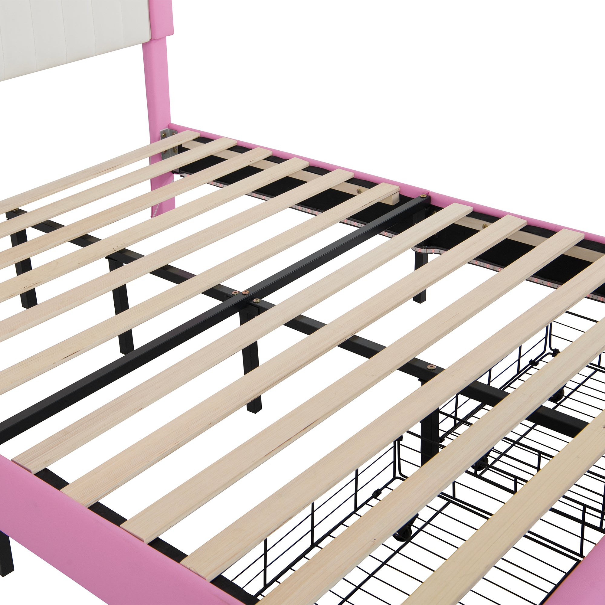 HAOYYE Full Size Upholstered Bed Frame With LED Lights, Modern Princess Bed With Crown Headboard And 2 Drawers, Pink And White, Sturdy Space-Saving Heavy Duty Design For Adults And Dorm Rooms