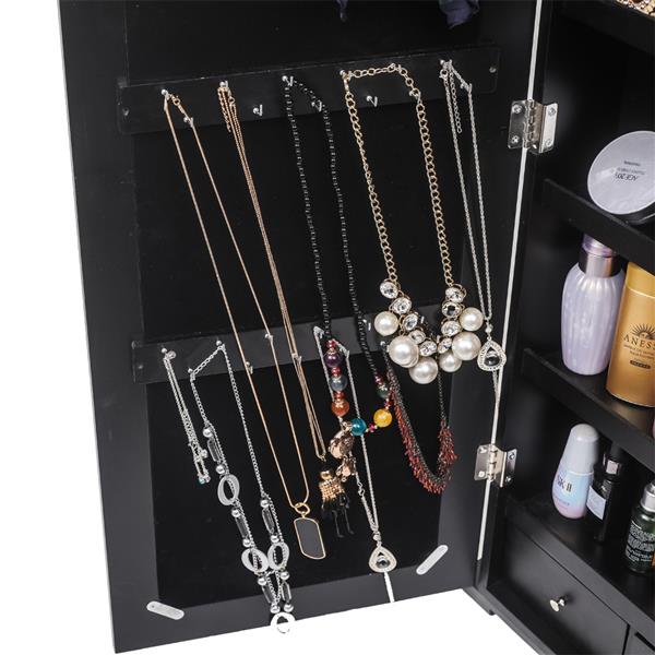 HAOYYE Jewelry Storage Cabinet With Blue LED Light, Upright Jewelry Organizer Cabinet Featuring Full-Length Mirror, Multiple Compartments For Necklaces, Rings, Earrings, Bracelets, Durable Black Finish For Home Use