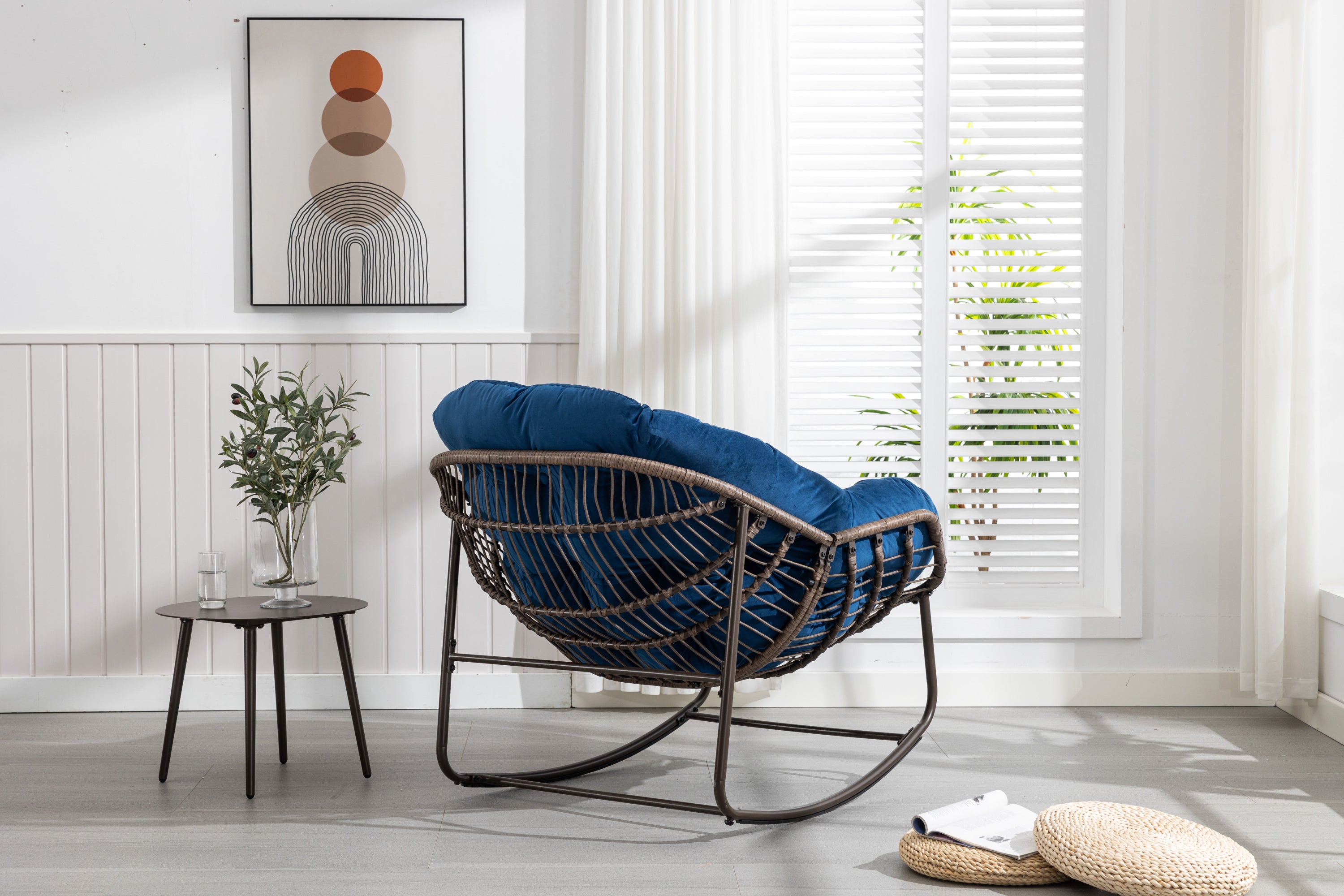HAOYYE Outdoor Rattan Rocking Chair,Padded Cushion Rocker Recliner Chair Outdoor for Front Porch, Living Room, Patio, Garden, Navy Blue Sturdy Space-Saving Heavy Duty Modern Design Adults Dorm Room