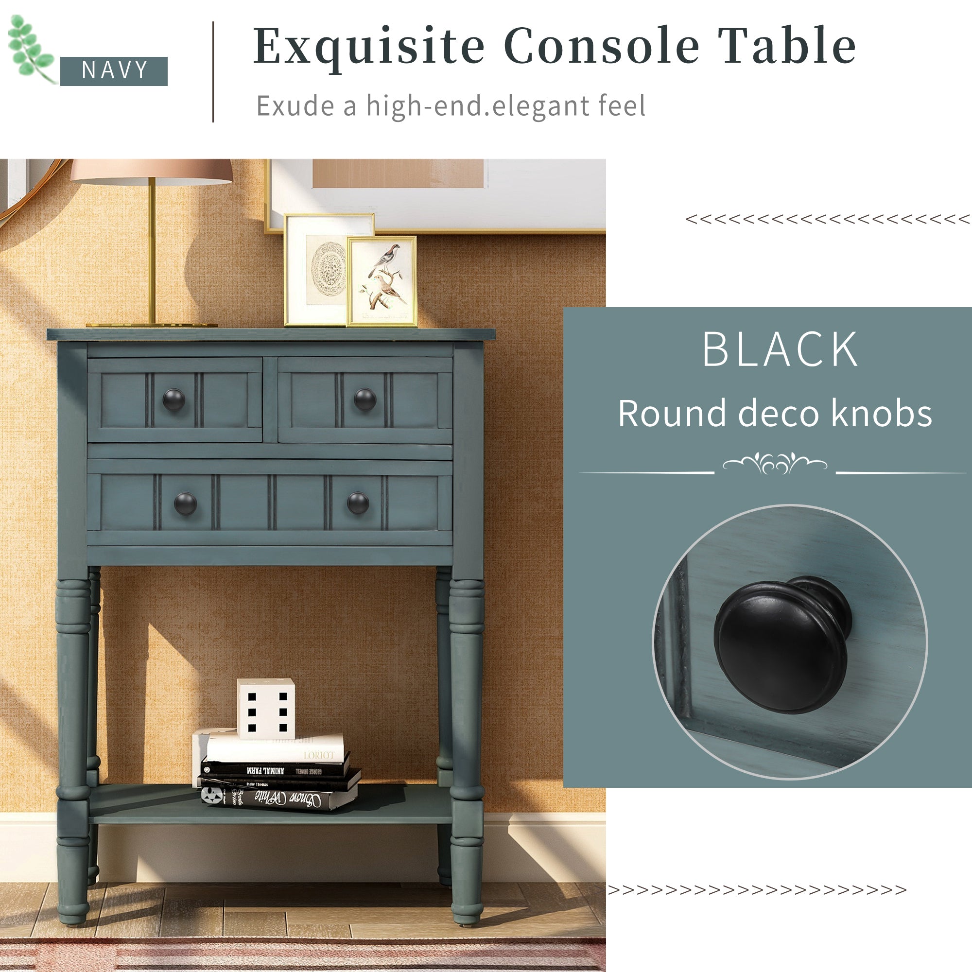 HAOYYE Narrow Console Table, Slim Sofa Table with Three Storage Drawers and Bottom Shelf for Living Room, Navy, Sturdy Space-Saving Design, Heavy Duty Construction, Easy Assembly, Durable and Stylish Home Furniture, Versatile for Hallway or Entryway Use