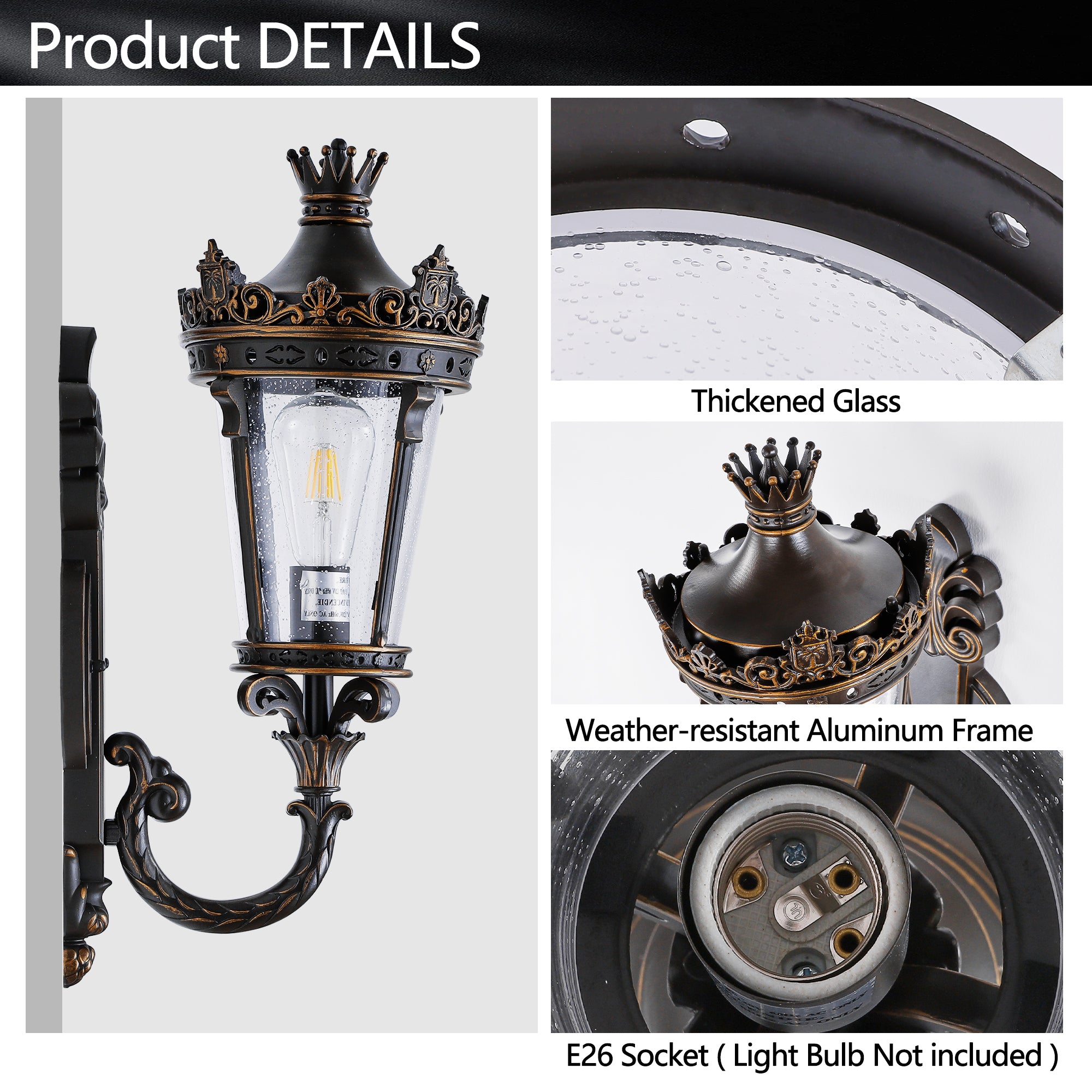 HAOYYE Vintage Outdoor Wall Lantern, Waterproof Exterior Wall Sconce with Crown Top and Clear Glass, Decorative Outdoor Lighting Fixture for Patio, Garden, or Entryway (One piece&No bulb) Sturdy Space-Saving