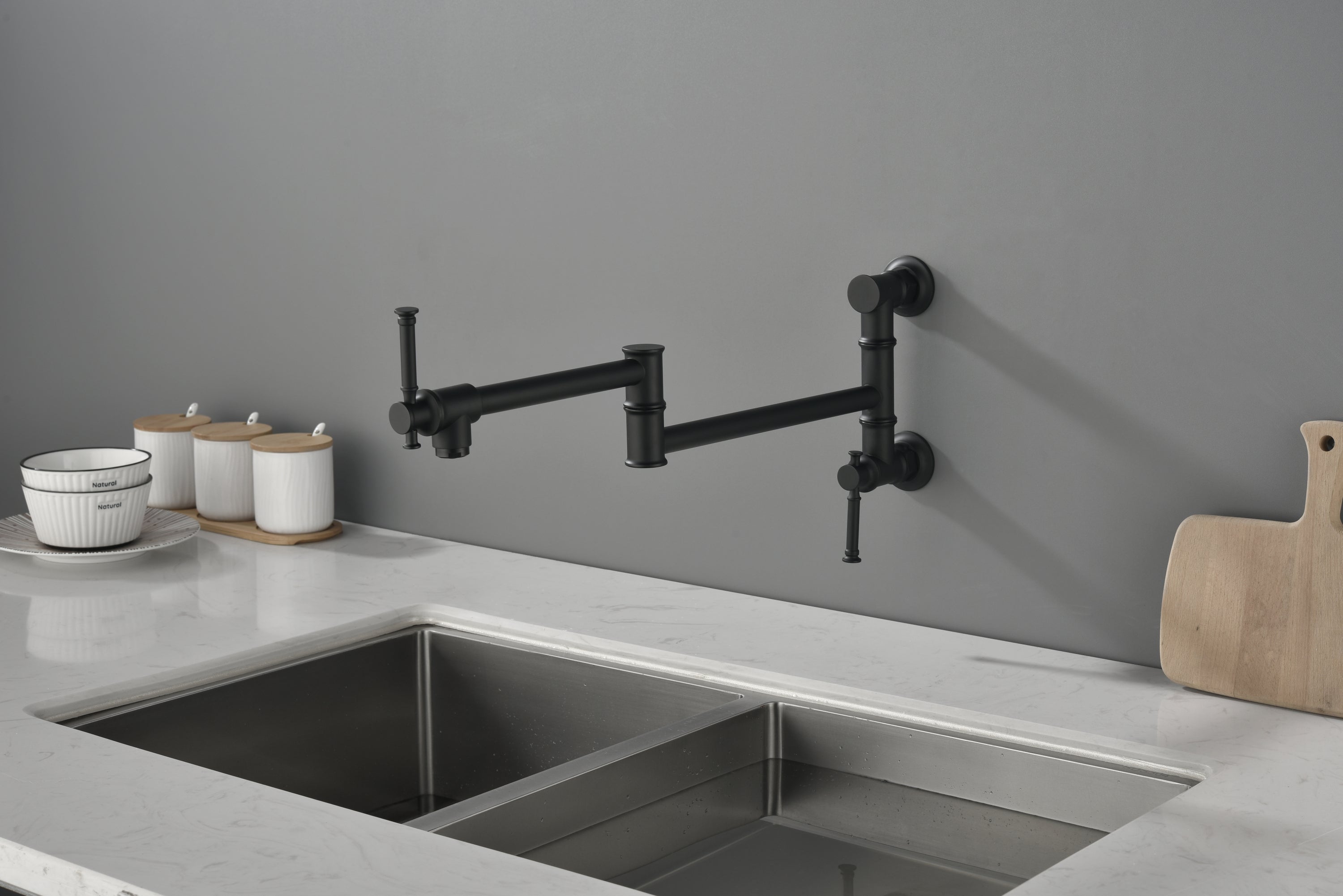 HAOYYE Wall mounted Pot Filler Faucet, Modern Brass Pot Filler Two-Attachment Wall Mount Folding Kitchen Pot Filler Swing Arm Sturdy Space-Saving Heavy Duty Modern Design Adults Dorm Room Easy Assembly