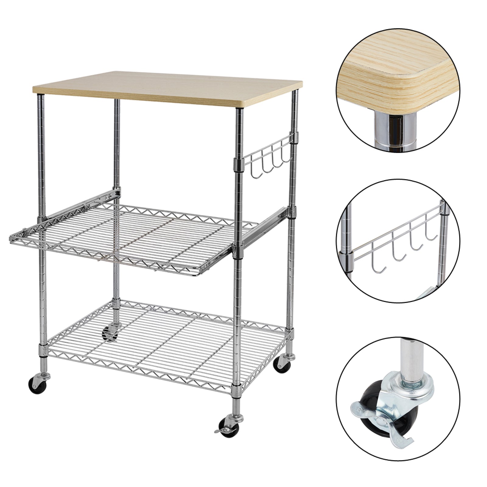 HAOYYE 3-Tier Wire Rolling Kitchen Cart – Durable Metal Storage Cart With Oak Top, Adjustable Shelves, Chrome Hooks, And Heavy-Duty Wheels, Perfect For Kitchen, Pantry, And Home Organization – Stylish, Rust-Resistant, Premium Quality.