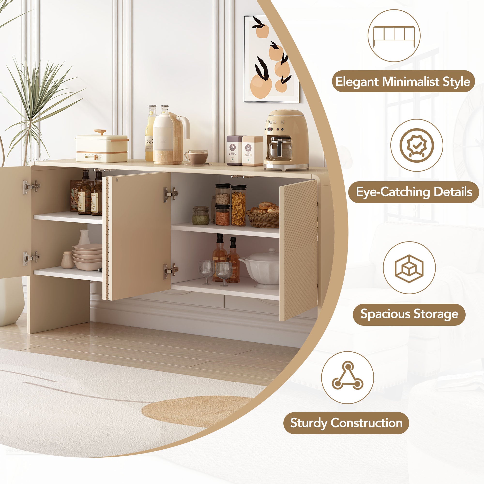 HAOYYE Minimalist Style 60"L Large Storage Space Sideboard with 4 Doors and Rebound Device for Living Room and Entryway (Apricot Cream) Sturdy Space-Saving Heavy Duty Modern Design Adults