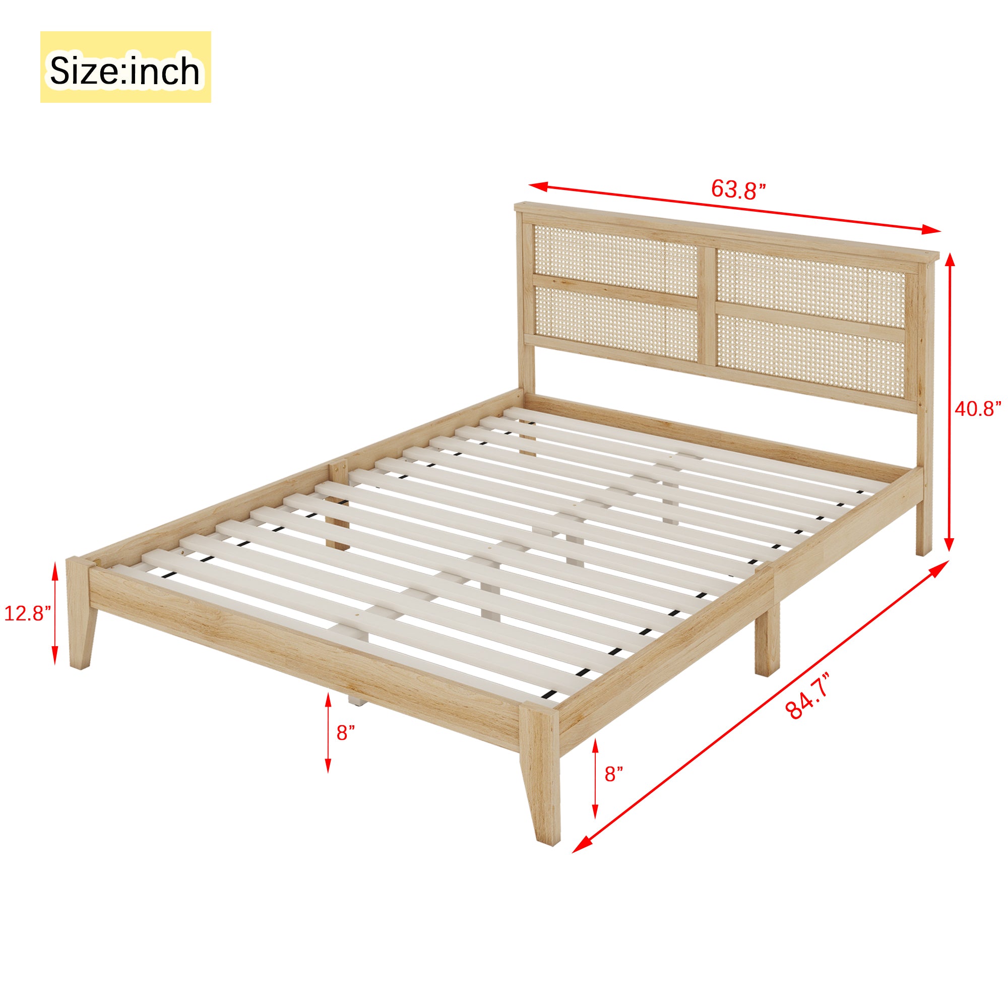 HAOYYE Queen Size Rubber Wooden, Solid Wooden Bed with Rattan Headboard, Enhanced by Support Feet,Oak White Sturdy Space-Saving Heavy Duty Modern Design Adults Dorm Room Easy Assembly Bedroom Furniture