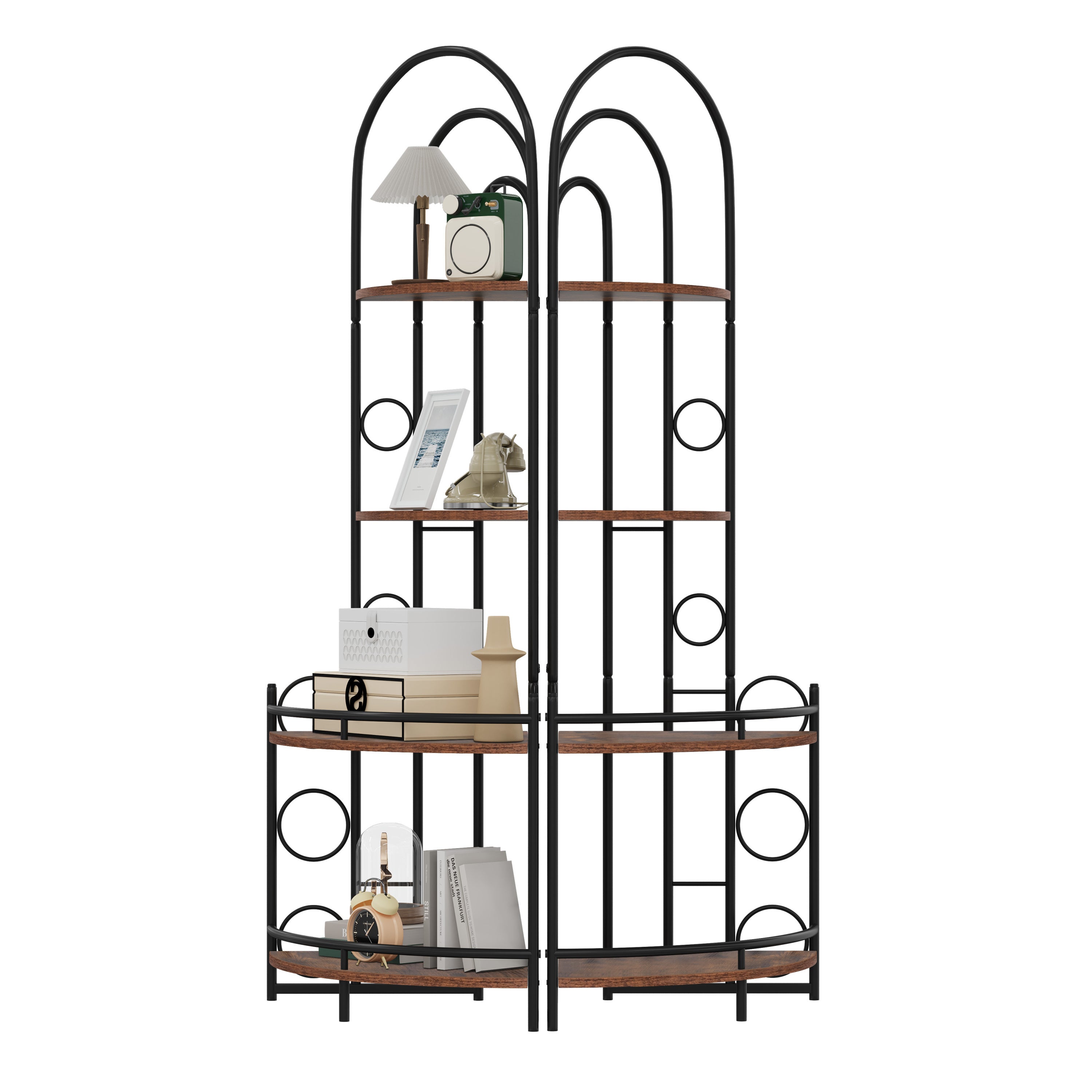 Haoyye 4-Tier Corner Bookshelf, Modern Space-Saving Display Rack with Metal Frame and Wood Shelves, Standing Storage Shelf for Living Room, Bedroom, Bathroom or Balcony, Freestanding Plant Stand or Organizer, Easy to Assemble and Sturdy Design