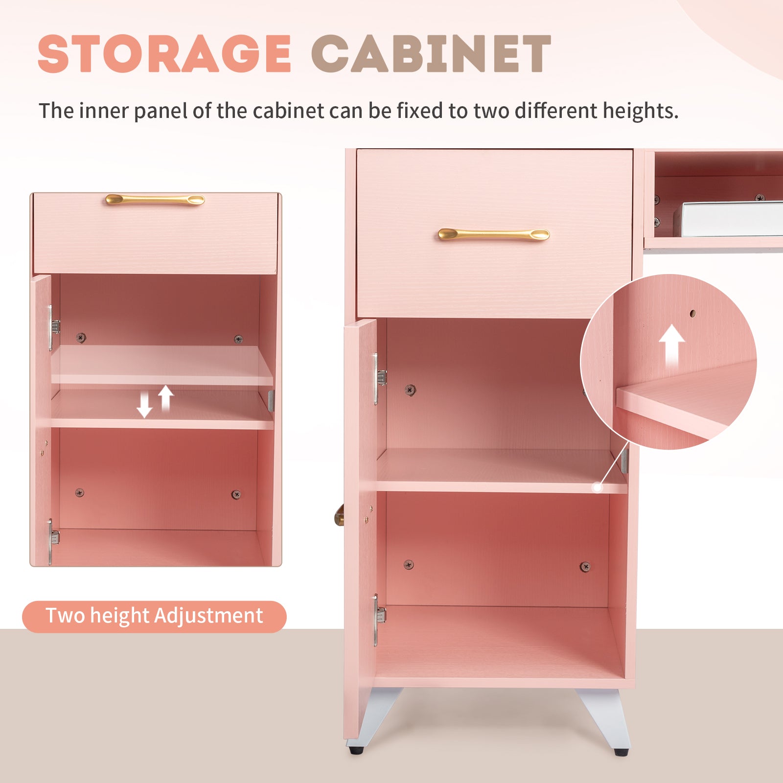 HAOYYE Pink Nail Table with Tempered Glass Top and Relief Particle Board Finish, Featuring Three Doors and Two Drawers, Fanless Quiet Design Perfect for Salon Manicure Station or Home Beauty Workspace