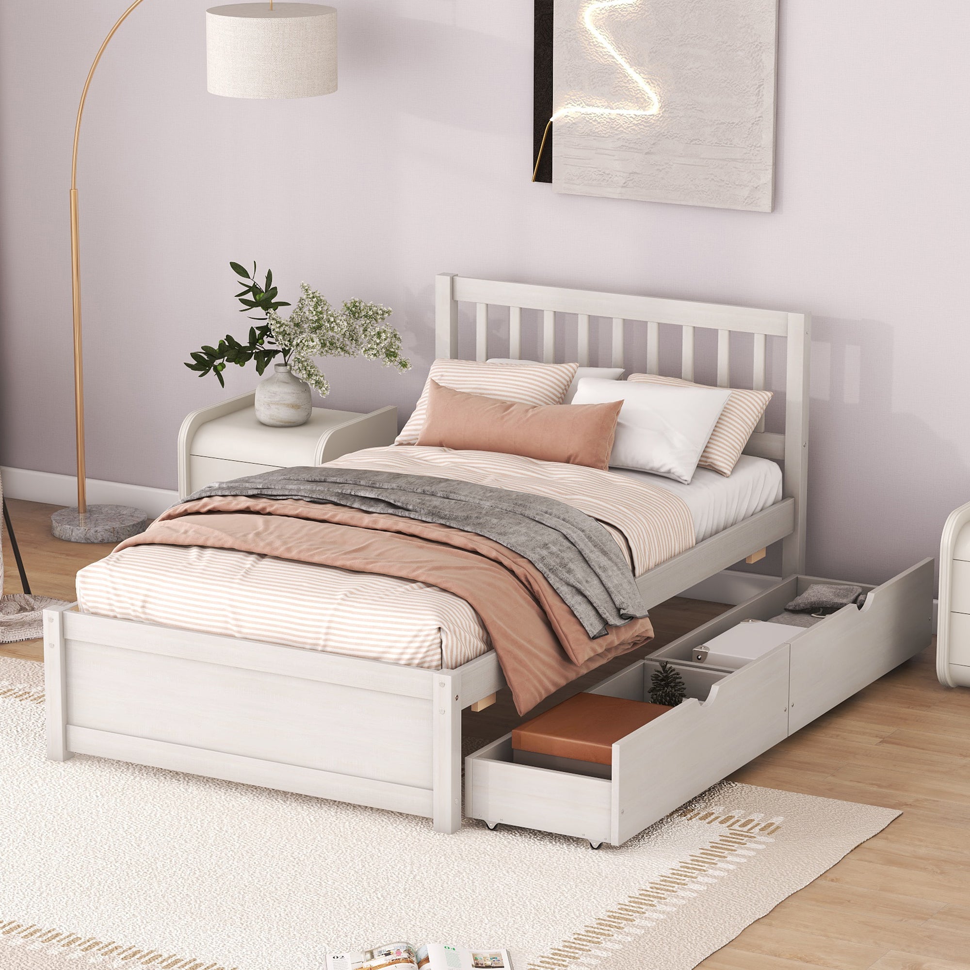 HAOYYE Modern Design Wooden Platform Bed with Two Drawers for White Washed Color Home Furniture Featuring Sturdy Heavy Duty Build, Space Saving Design, Easy Assembly, Durable Quality, Stylish Contemporary Aesthetic and Versatile for Any Living Space