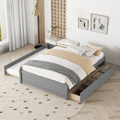 HAOYYE Full Bed With Twin Trundle And Storage Drawers, Grey Wood Platform Bed Frame, Space-Saving Heavy Duty Design, Modern Style For Bedroom Or Dorm Room, Easy Assembly