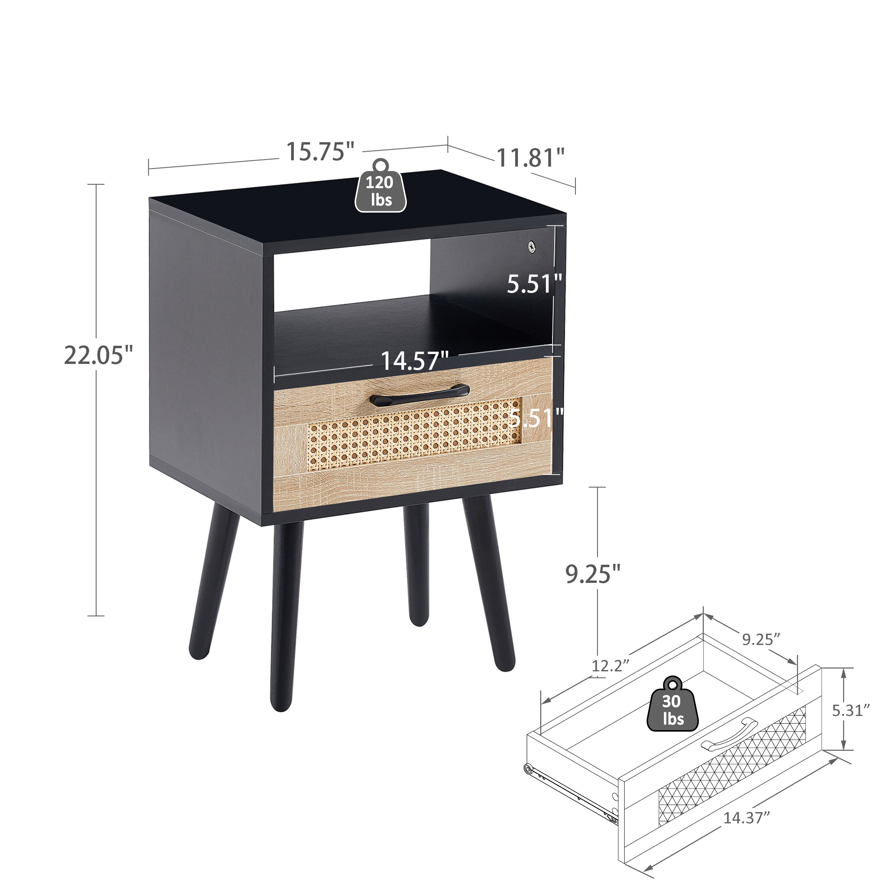 HAOYYE Rattan End Table with Drawer and Solid Wood Legs, Modern Nightstand, Side Table for Living Room, Bedroom, Black, Sturdy and Space-Saving Design, Heavy Duty Construction, Easy Assembly for Adults and Dorm Rooms