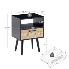 HAOYYE Rattan End Table with Drawer and Solid Wood Legs, Modern Nightstand, Side Table for Living Room, Bedroom, Black, Sturdy and Space-Saving Design, Heavy Duty Construction, Easy Assembly for Adults and Dorm Rooms